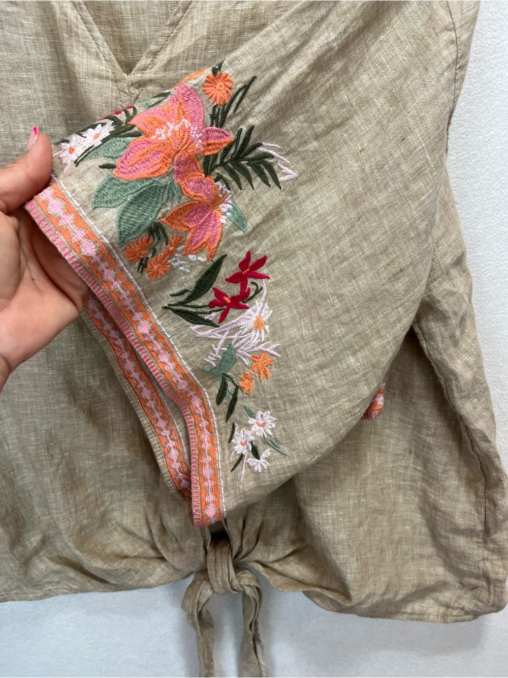 Spartina 449 Linen Blouse Kimono Embroidered Flutter Sleeve Tie Front Floral - Picture 5 of 9